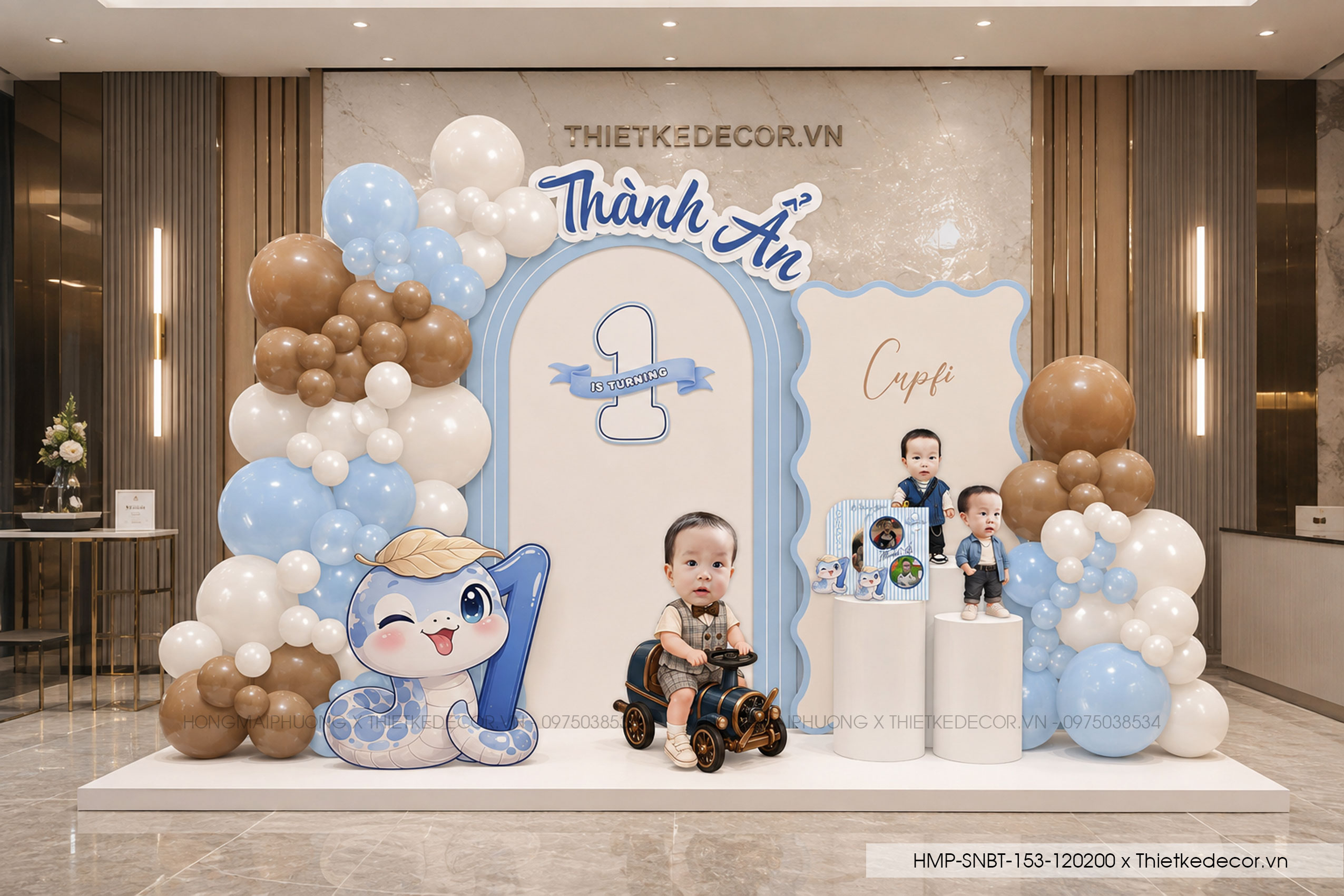 File thiết kế decor trang trí tiệc sinh nhật bé trai tuổi Rắn - Tỵ mix bong bóng cute dễ thương đáng yêu tone xanh- nâu- beige